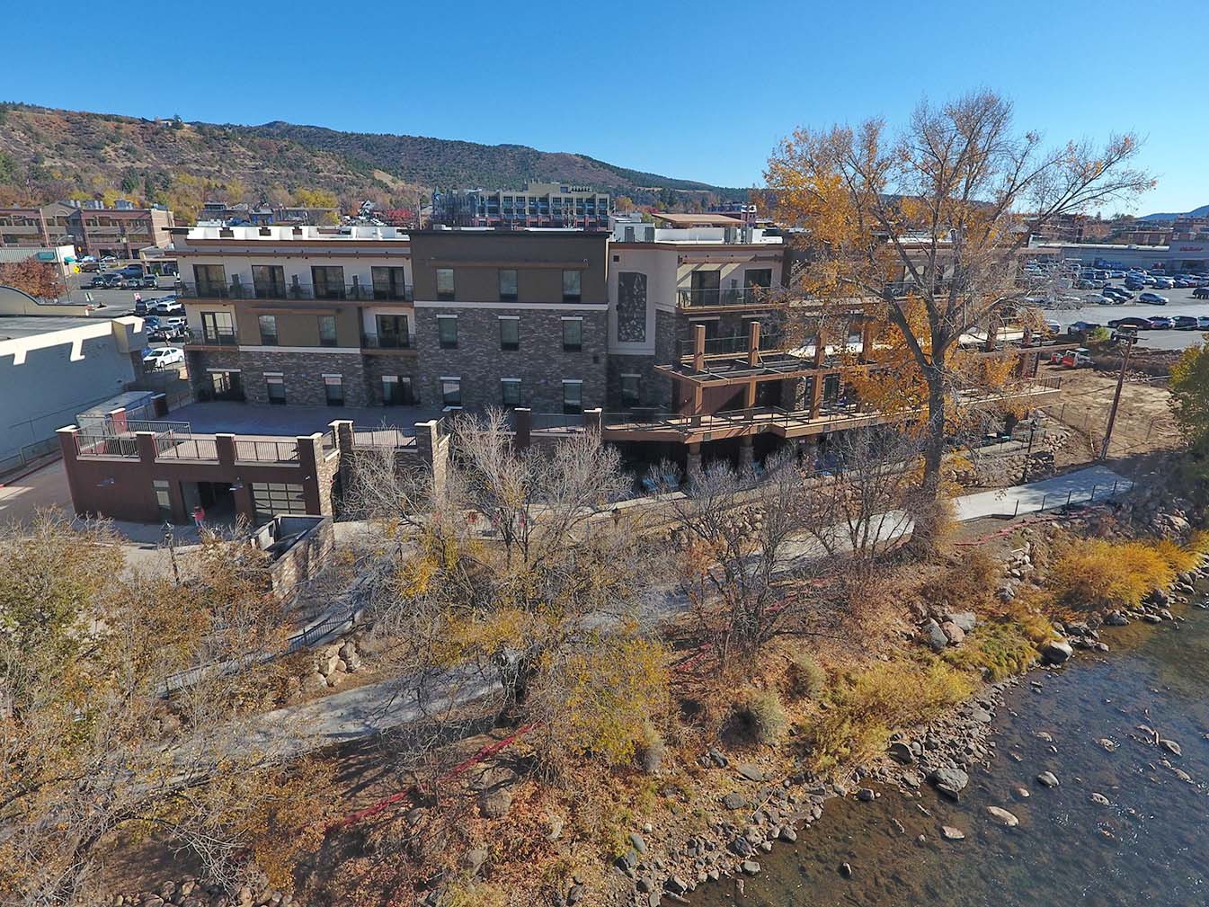 holiday inn exterior drone shot of river